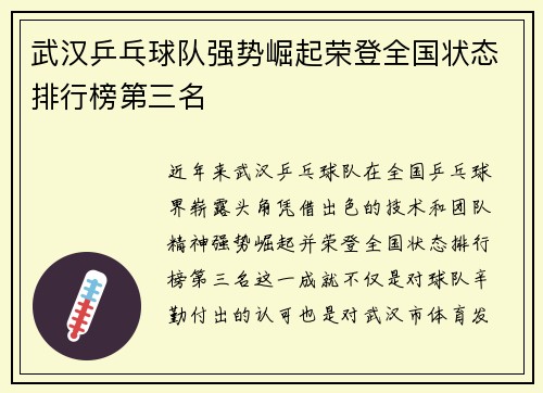 武汉乒乓球队强势崛起荣登全国状态排行榜第三名