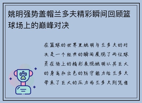 姚明强势盖帽兰多夫精彩瞬间回顾篮球场上的巅峰对决