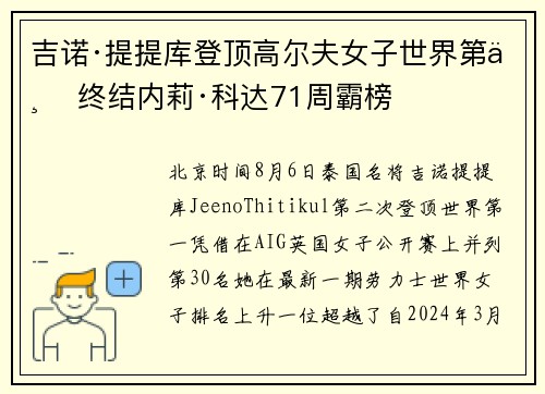 吉诺·提提库登顶高尔夫女子世界第一 终结内莉·科达71周霸榜